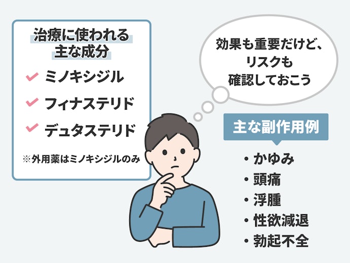発毛促進効果を重視したい人は内服薬を重点的にチェック。副作用のリスクも必ず確認しよう