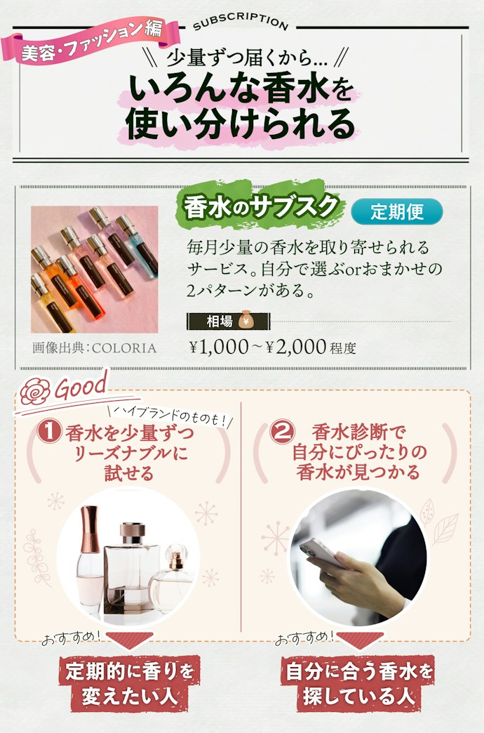 香水のサブスクは、身にまとう香りをその日の気分で変えたい人にぴったり
