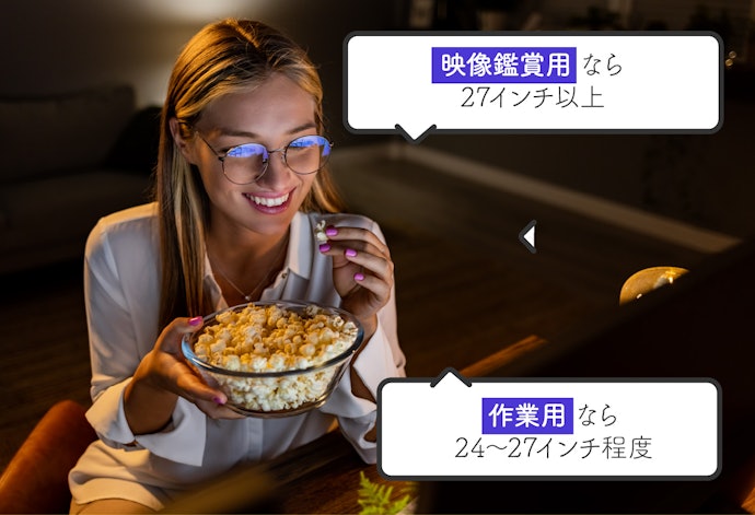 サイズ:映像鑑賞用なら27インチ以上、作業用なら24インチを