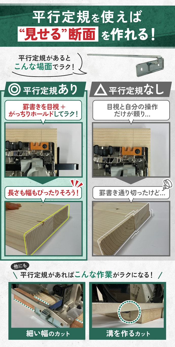 木材を正確にまっすぐカットしたいなら、平行定規(ガイド定規)つきが便利