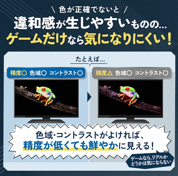 迫力あるゲーム体験のみを求めるなら、色の精度はやや落ちてもよい