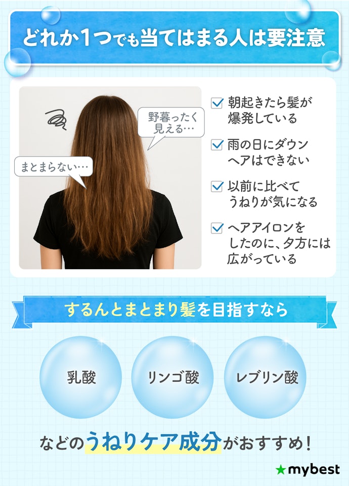 【タイプ①うねりや広がりに】髪内部を補修するうねりケア成分配合の市販シャンプーがおすすめ