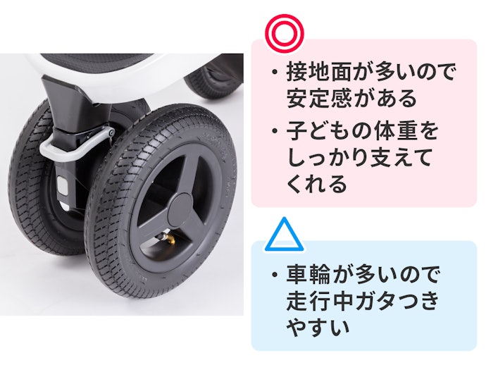 ダブルタイヤ:砂利道や凹凸のある道で安定した走行が可能