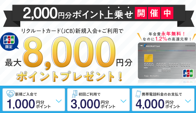 リクルートカード(JCB):新規入会+カード利用で、最大8,000ポイントがもらえる