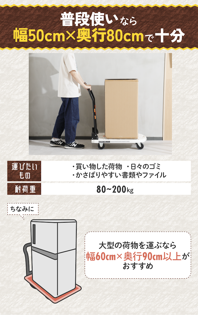 日常的な荷物・コンテナの運搬なら、サイズは幅50×奥行80cmで十分