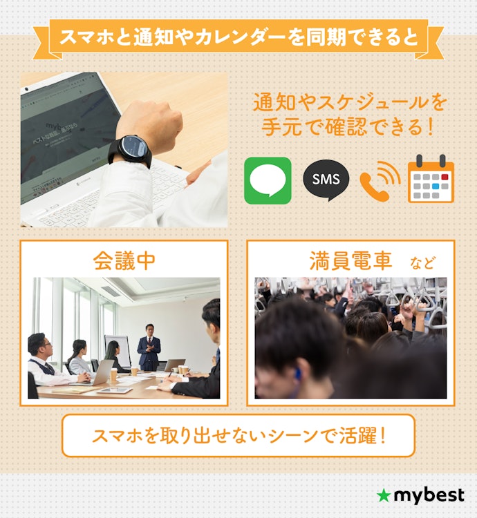 スマホと通知やカレンダーを同期できると、スマホを見られない時に活躍