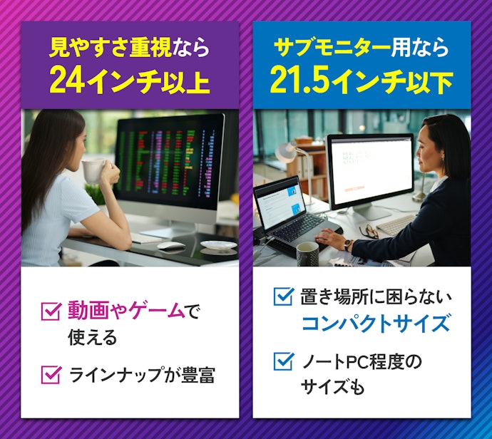 サイズ:見やすい24インチ以上がおすすめ。サブ用なら21.5インチも選択肢に