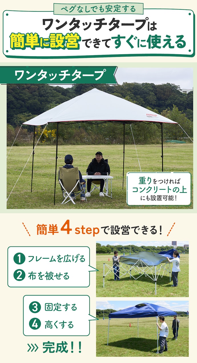 ワンタッチタープはフリーマーケットやバーベキューにおすすめ。基本的にキャンプでは使わない!