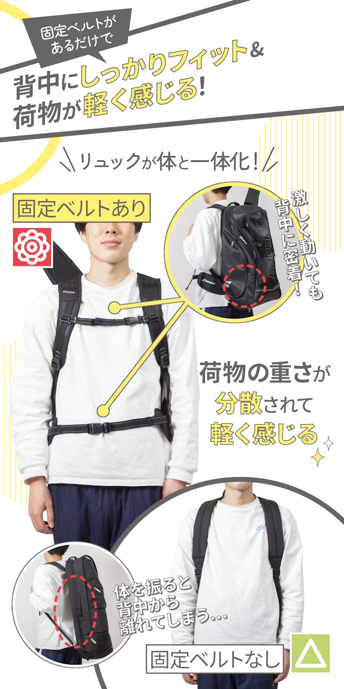リュックを選ぶなら、胸・腰部分に固定ベルトがあるかチェック!