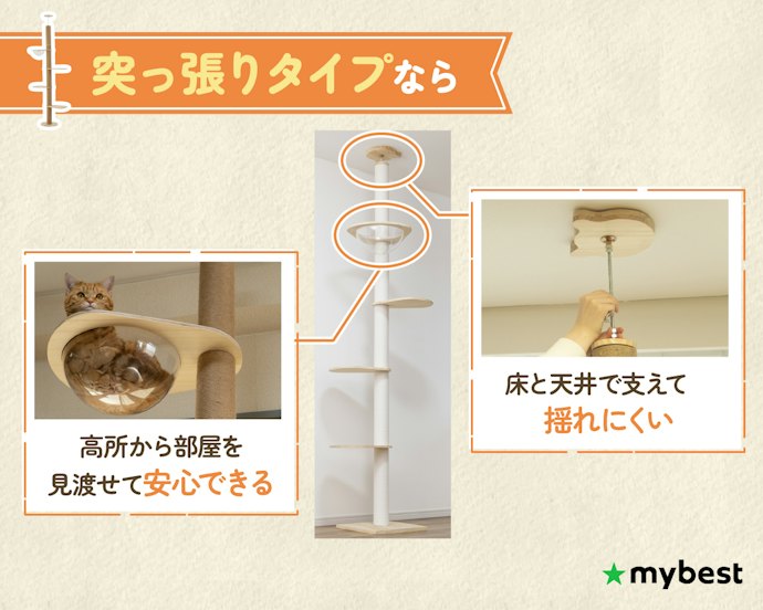 キャットタワーの安定性と猫の満足感を両立させたい人には、突っ張りタイプがおすすめ