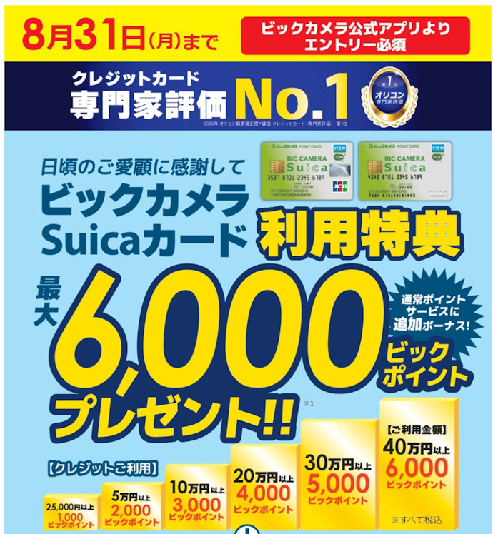 ビックカメラSuicaカード:新規入会+利用で、最大11,000ポイントもらえる