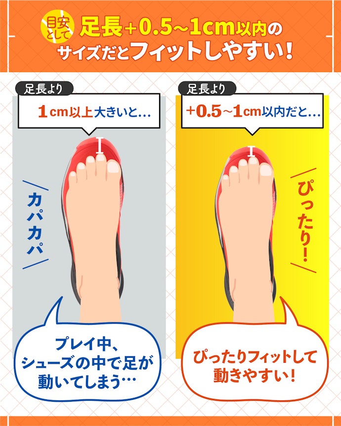 シューズのサイズは、目安として足長+0.5〜1cmのものを選ぼう!