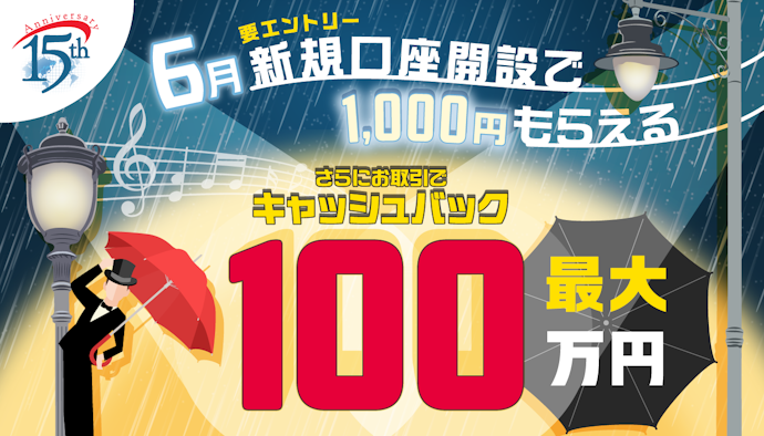 新規口座開設で1,000円、取引で最大100万円キャッシュバック