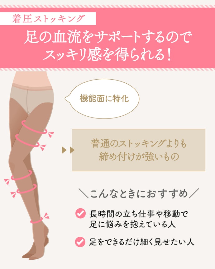着圧ストッキング:足のすっきり感を得られる!長時間の立ち仕事での使用におすすめ